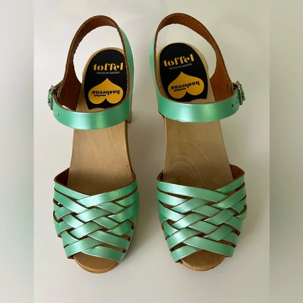 Swedish Hasbeens Mint Green Leather Platform Sandals